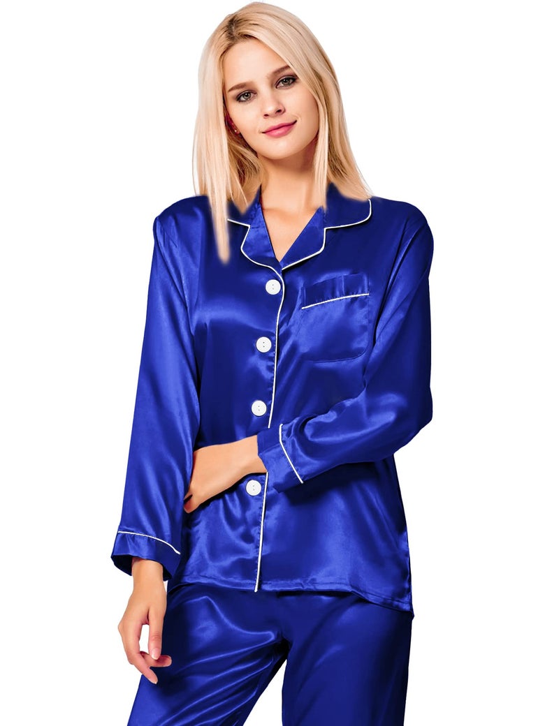 SWOMOG Womens Silk Satin Pajamas Long Sleeve Loungewear Two-Piece Sleepwear Button-Down Pj Set Blue - Image 2